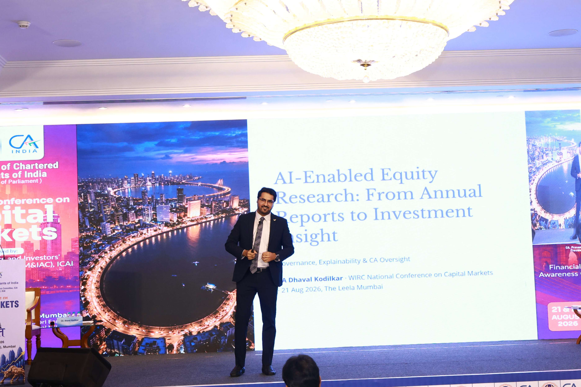 CA Dhaval Kodilkar presenting AI-Enabled Equity Research on stage at the ICAI National Conference on Capital Markets, The Leela Mumbai