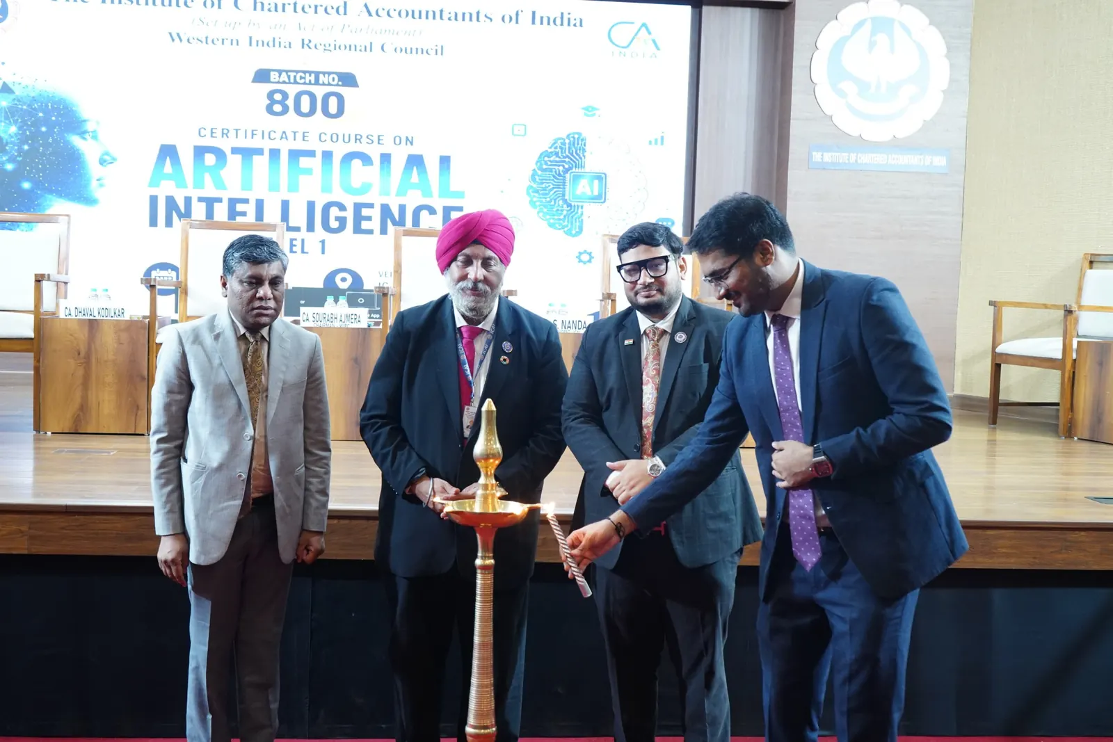 Lamp-lighting inauguration of the AICA 800th batch with ICAI office bearers and CA Dhaval Kodilkar